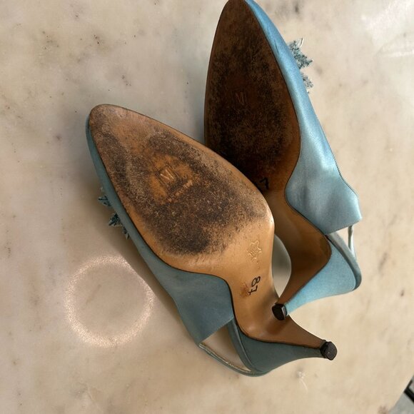 Bruno Magli Light Blue Satin Slingback Heel | Beaded Embellished Pointed Toe 8 B - Picture 7 of 12